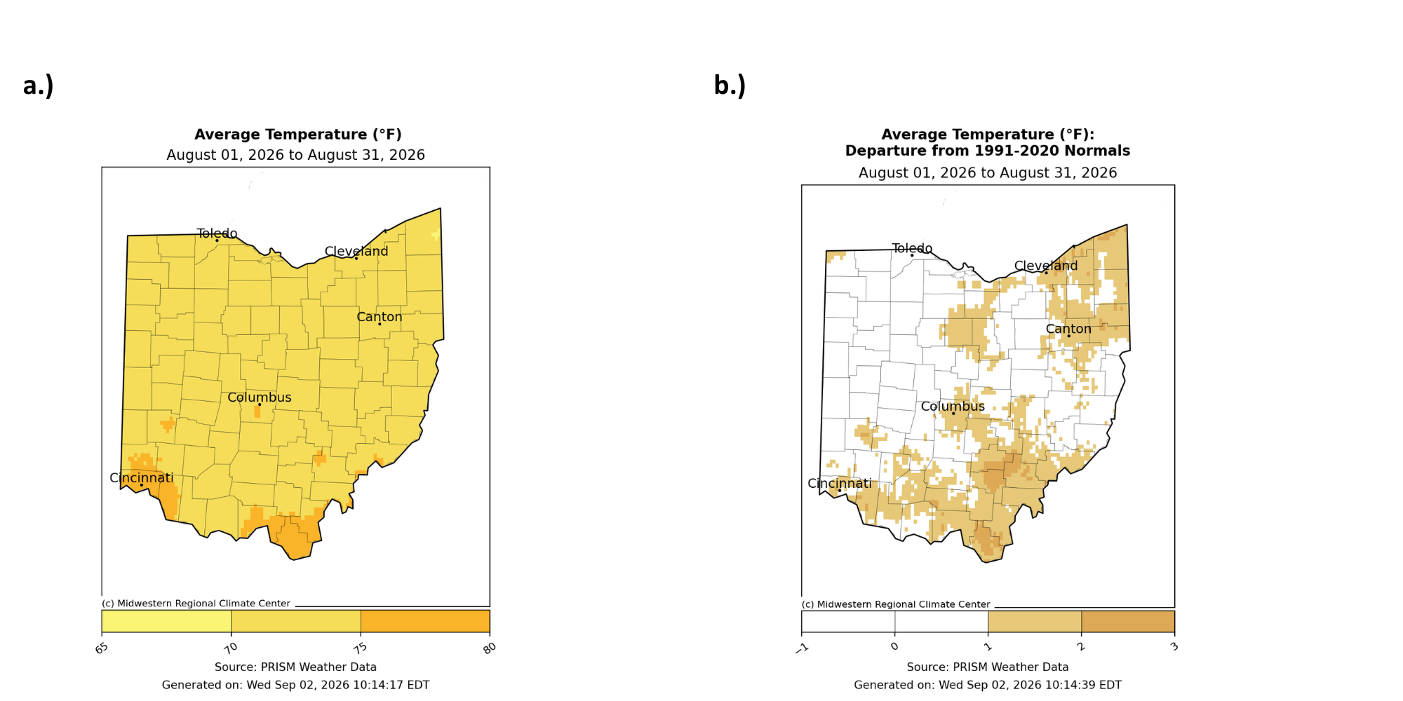 Map of Ohio with average temperature and departure from normal for temperature.