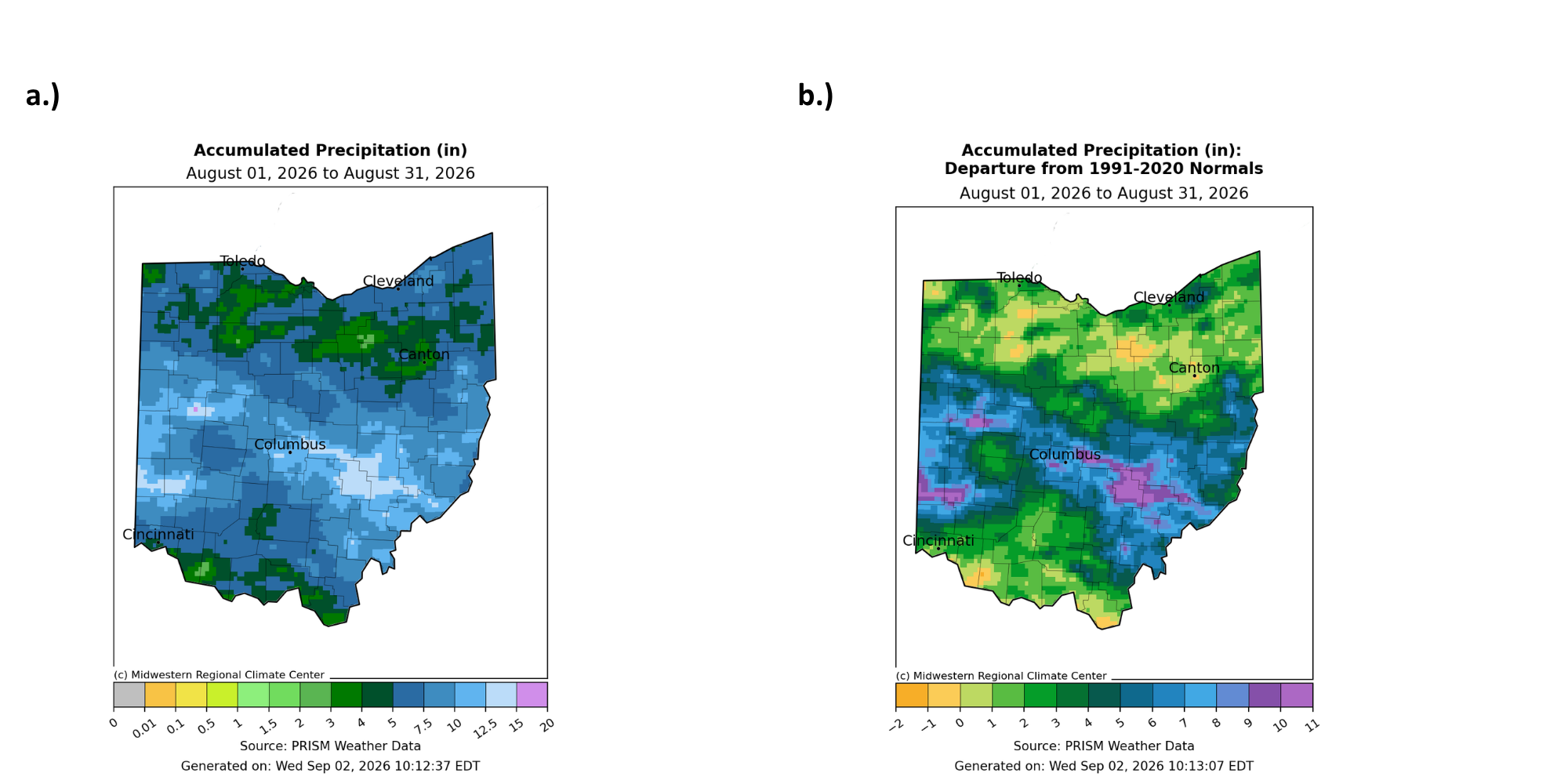 Map of Ohio with accumulated precipitation and departure from normal for precipitation.