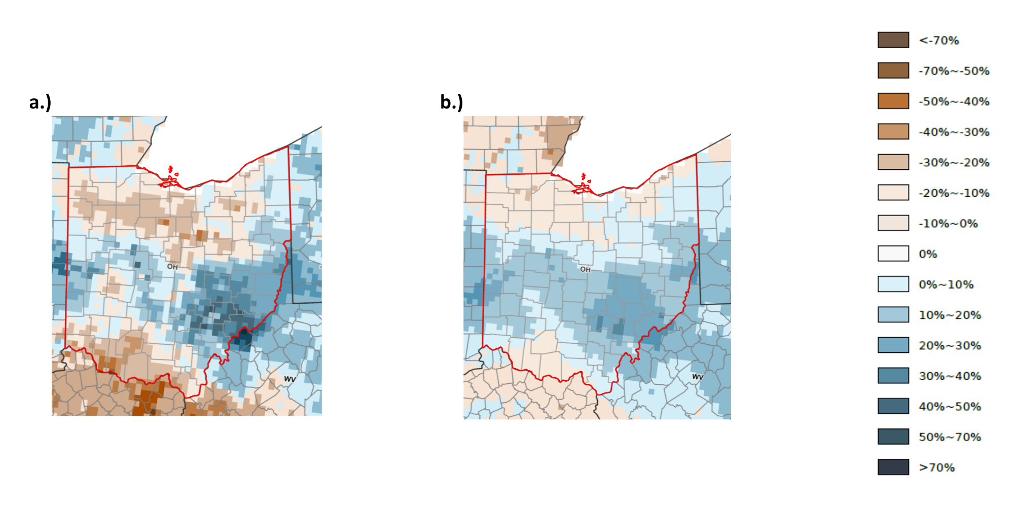 Map of Ohio with top and sub soil moisture anomalies.