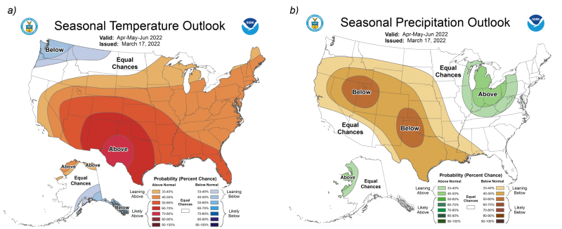 Climate prediction center maps showing outlook for April - June 2022. 