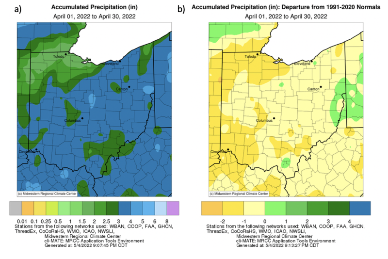 Accumulated precipitation and departures from normal for Ohio for April 2022