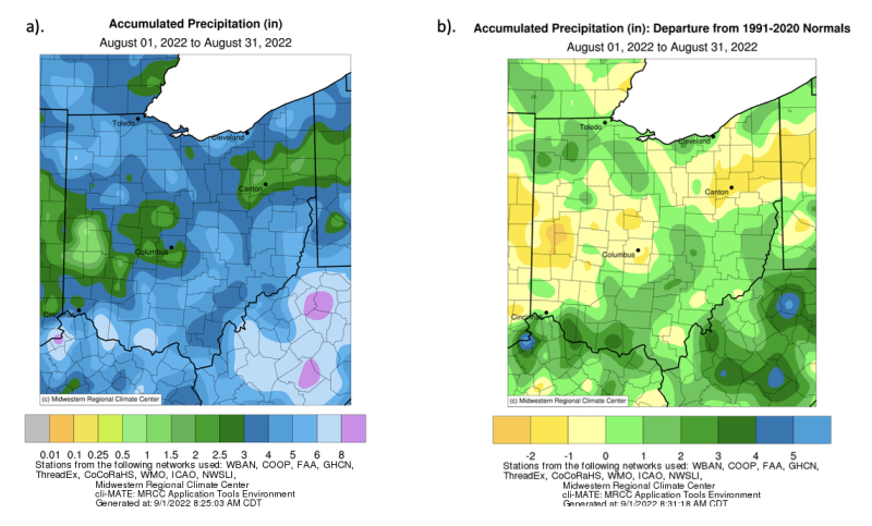 Accumulated precipitation and departures from normal for Ohio for August 2022