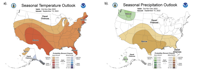 3-month temperature and precipitation outlooks for October-December in the United States