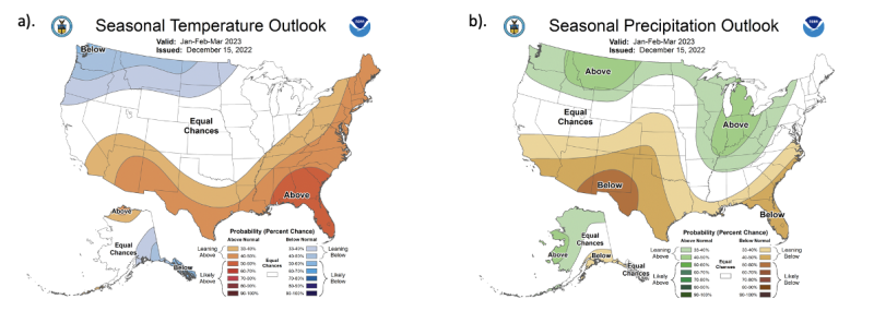 3-month temperature and precipitation outlooks for January-March 2023 in the United States