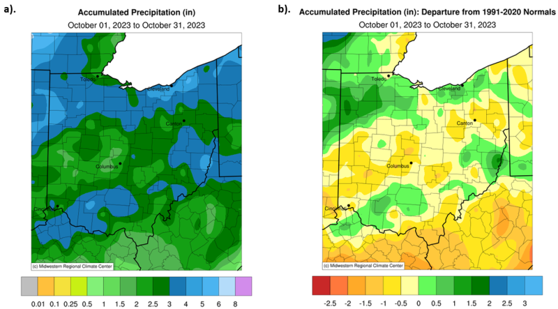 Accumulated precipitation and accumulated precipitation departures for Ohio in October 2023.