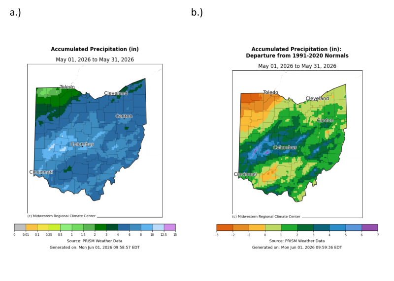 Map of Ohio with accumulated precipitation and departure from normal for precipitation.