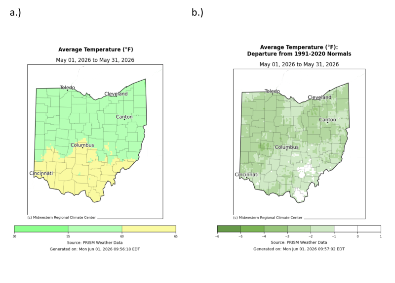 Map of Ohio with average temperature and departure from normal for temperature.