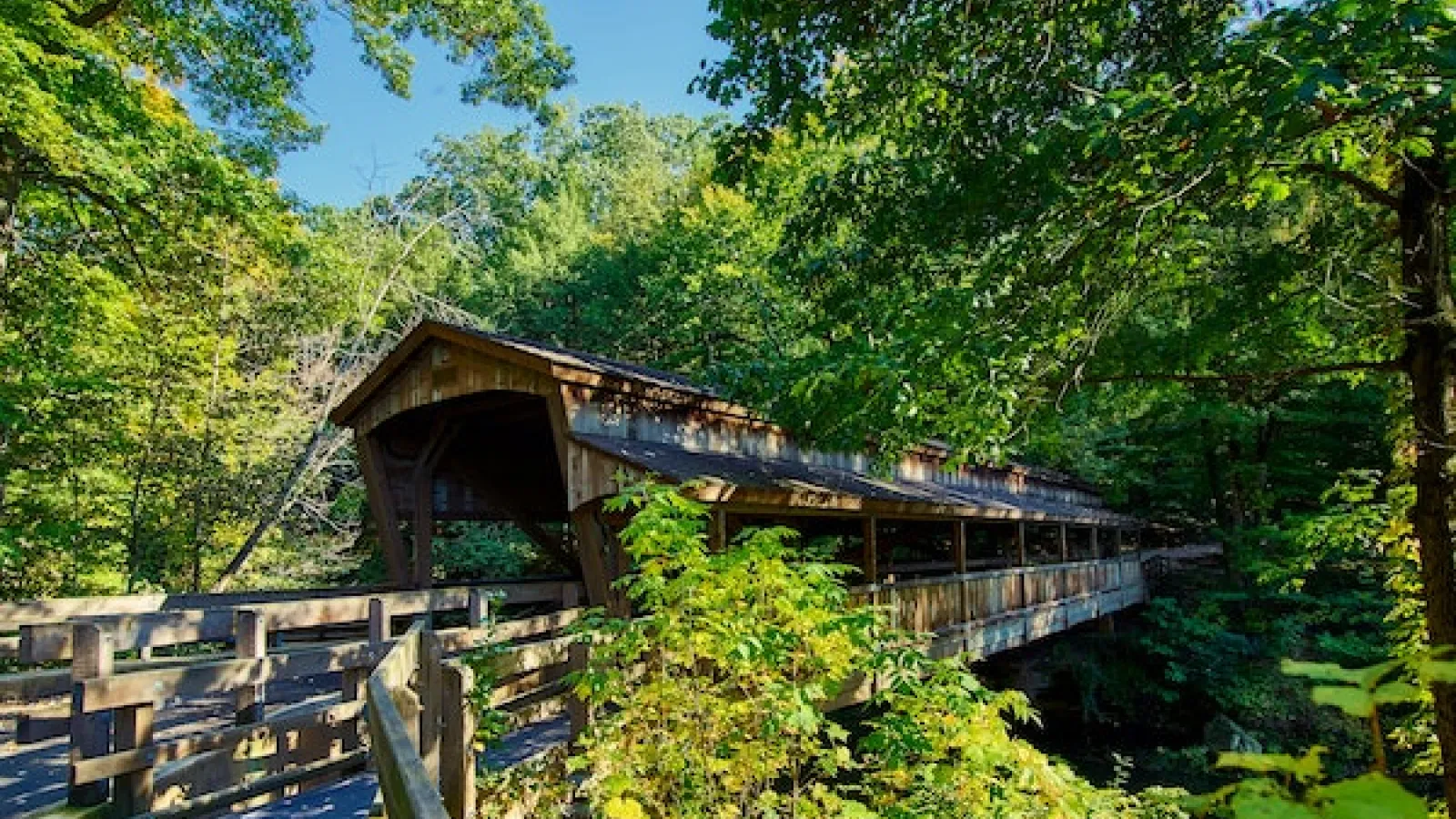 Covered wooden bridge and wooden railing leading up to it surrounded by green trees with blue skies