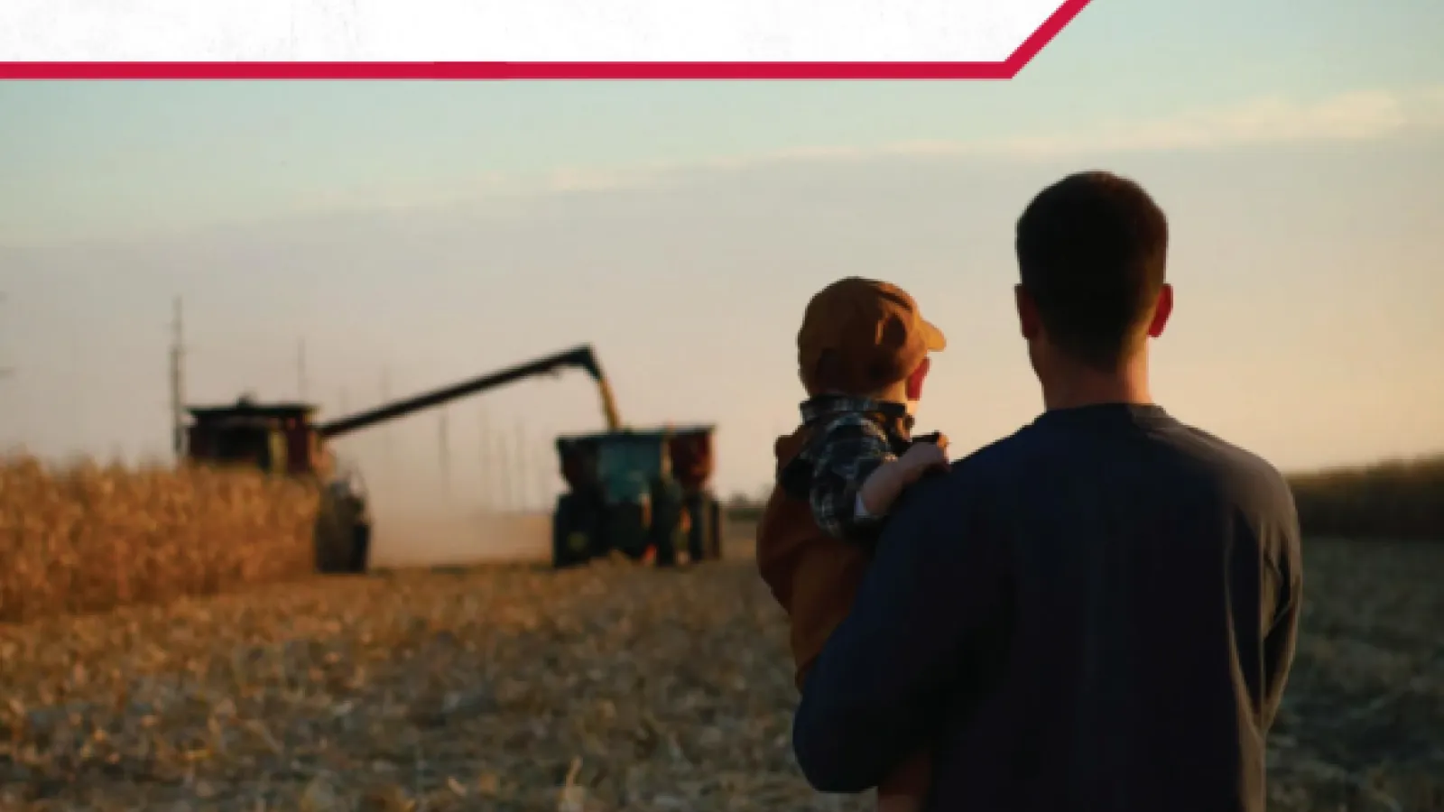 report cover with image of a person holding a child and looking at machinery harvesting grain in the field