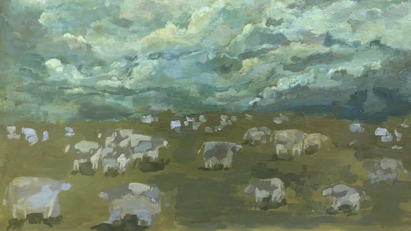 Painting of livestock in a field under cloudy skies.