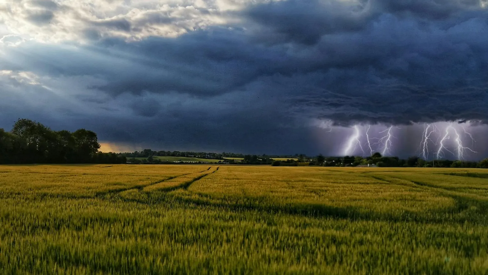 Green field with trees and houses in a distance, blue skies and white clouds on the left and dark clouds and lightning to the right,.