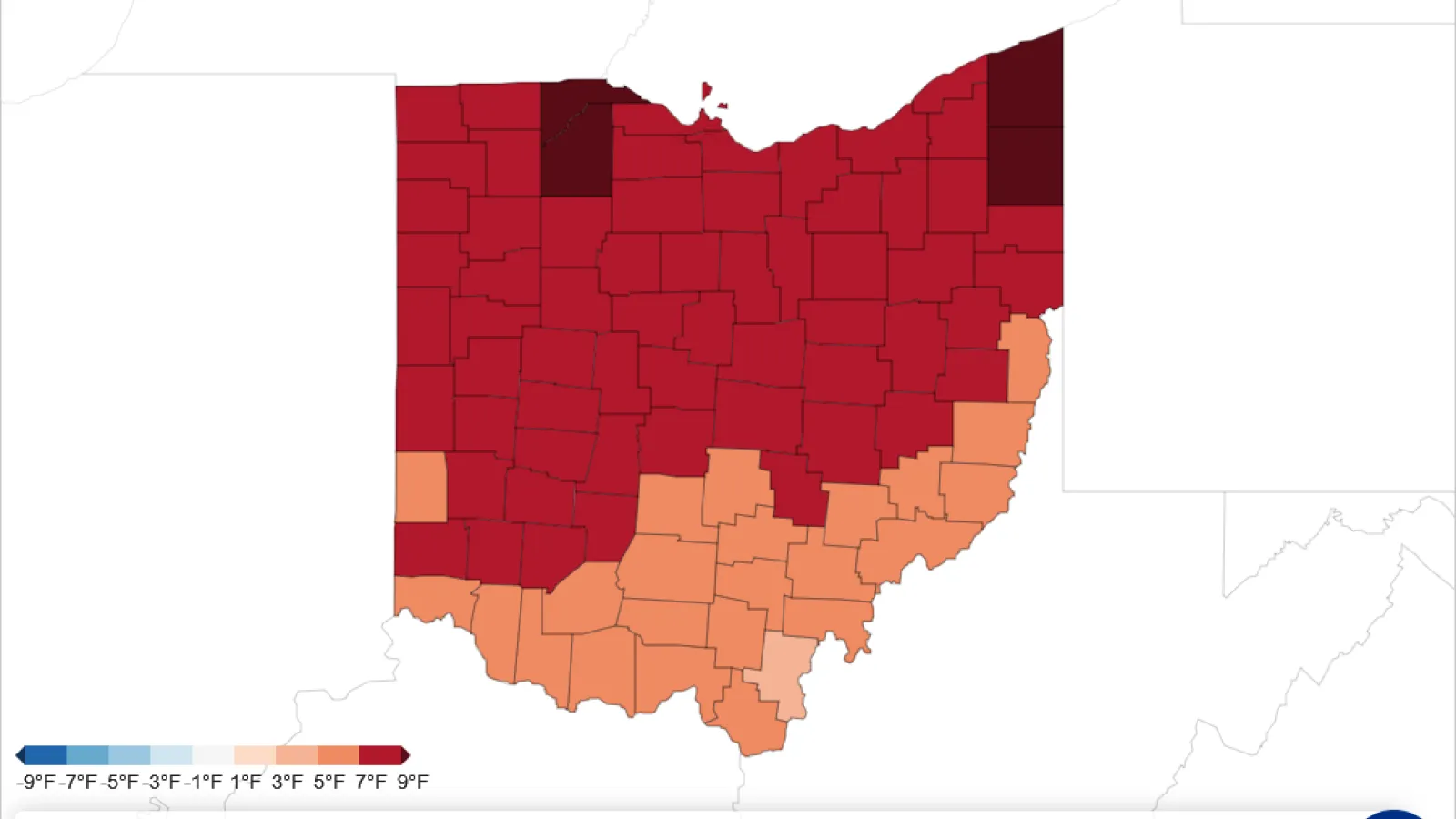 NOAA Map of Ohio with orange color at the bottom of the map and red 3/4 of the map and Information about County Average Temperature Anomaly.
