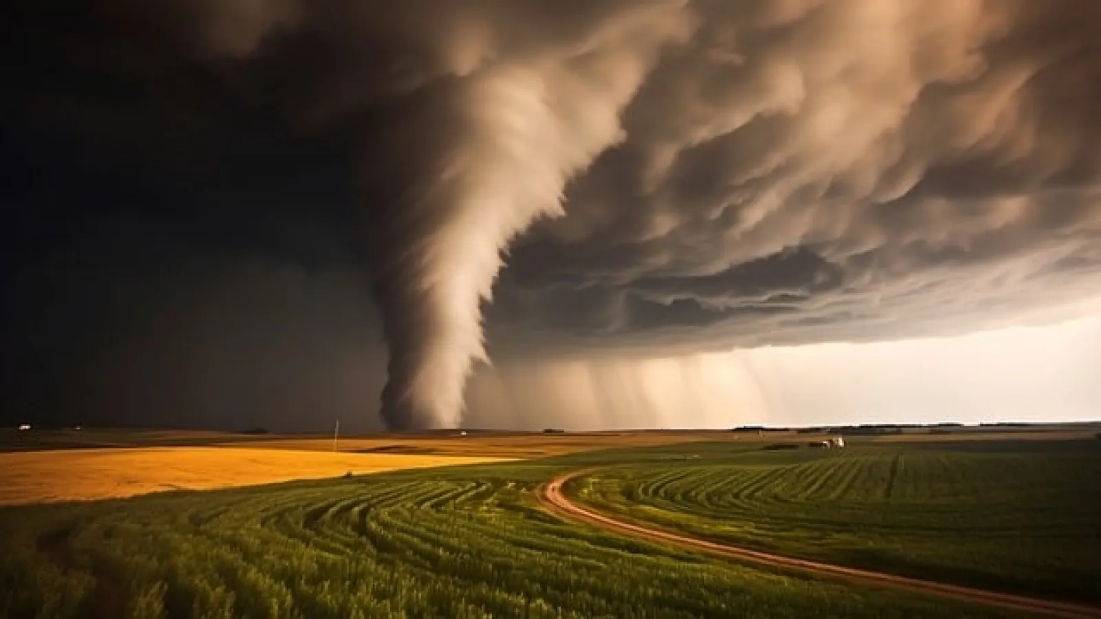 A tornado in a distance on the ground in a field of yellow and green with a farmhouse under dark skies.