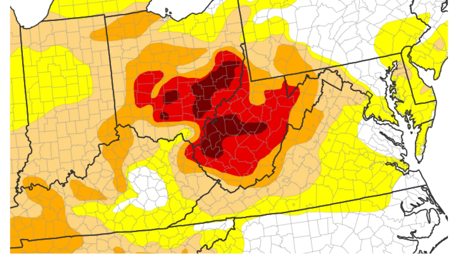 Drought.gov map of Ohio and surrounding states with areas of dark brown, red, orange, beige and yellow and several logos