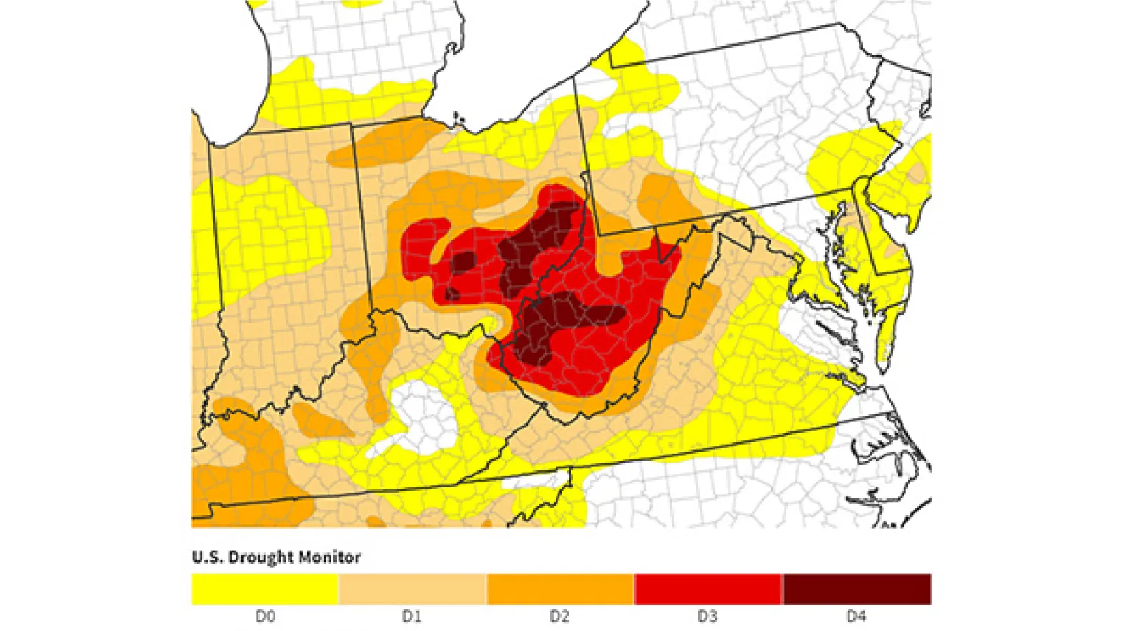 A map from the U.S. Drought Monitor showcasing severe drought in Ohio and Virginia 