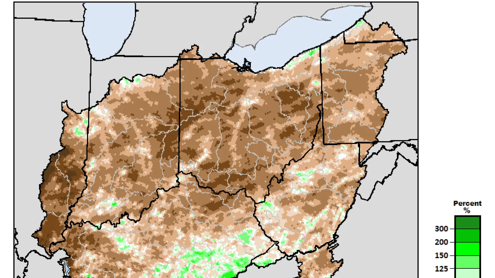 NOAA map of 30-day precipitation percent of normal, September 8, 2025. Most of Ohio is brown for below-normal rainfall; scale ranges dark brown to dark green.