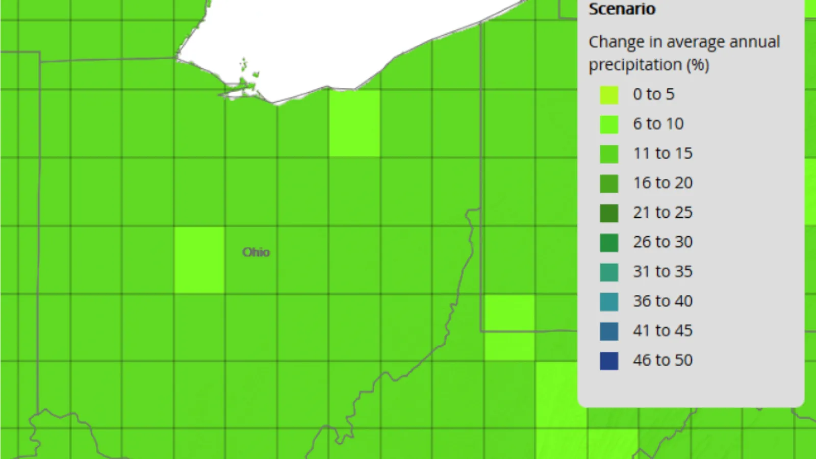 CREAT image showing change in average annual precipitation in percentage by 2060 given a warm/wet future scenario. 