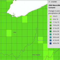 CREAT image showing change in average annual precipitation in percentage by 2060 given a warm/wet future scenario. CREAT image showing change in average annual precipitation in percentage by 2060 given a warm/wet future scenario.