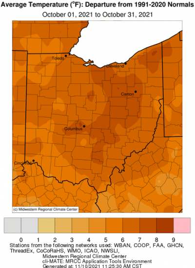 Figure 6: Departure from Normal Average October Temperature in °F. Courtesy of the Midwestern Regional Climate Center.
