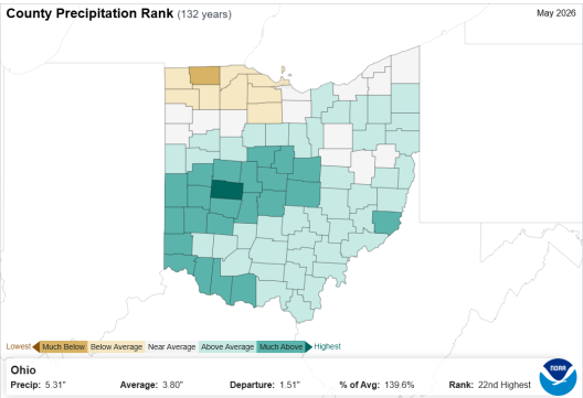 Map of Ohio with county precipitation rank.