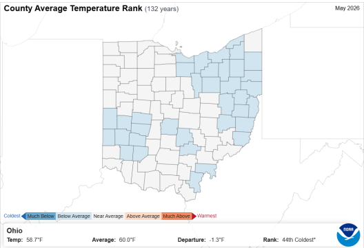 Map of Ohio with county temperature rank.