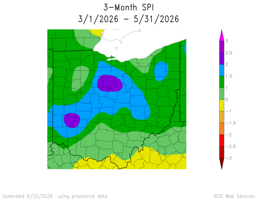 Map of Ohio with the 3-month SPI.