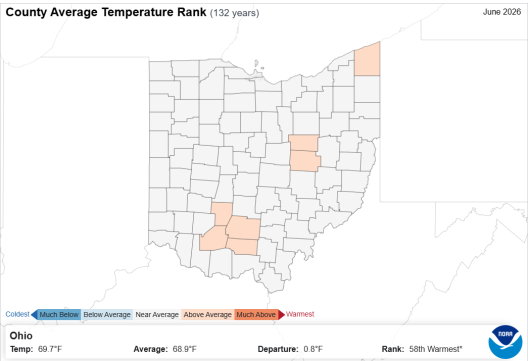 Map of Ohio with county temperature rank.