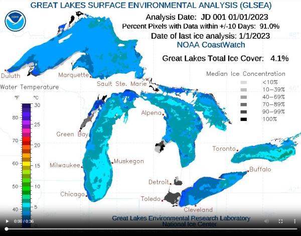 Still image of a video graphic image of the great lakes from NOAA tilled Great Lakes Surfave Environmental Analysis(GLSEA)