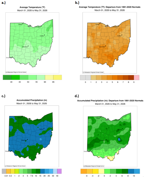 4 maps of Ohio with the average temperature, departure of temperature, accumulated precip., and departure of precip.