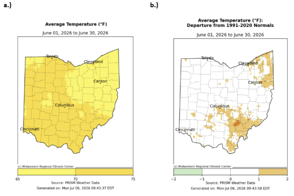 Map of Ohio with average temperature and departure from normal for temperature.
