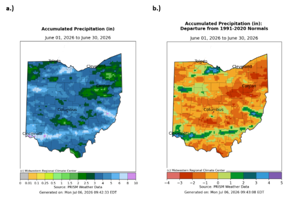 Map of Ohio with accumulated precipitation and departure from normal for precipitation.