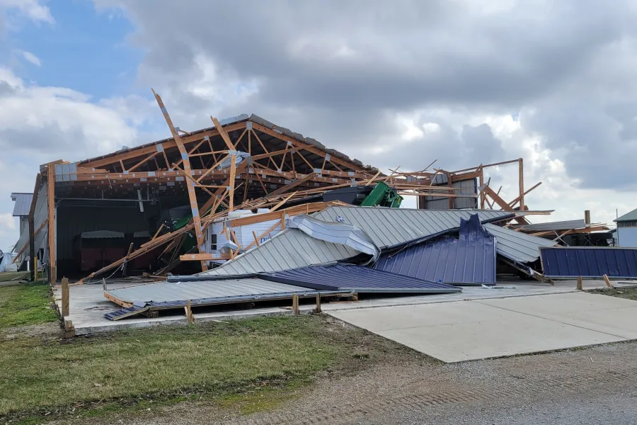 Tornado damage to a building on the grounds of Molly Caren Agricltural Center in 2024. 