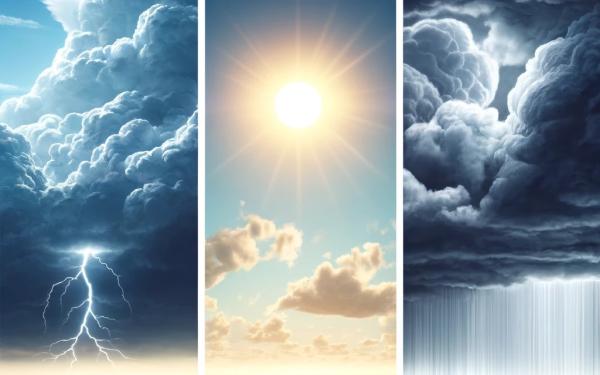 A collage of 3 weather scenes, with white borders: The first of lightning and clouds, the second son and clouds the third clouds and rain.