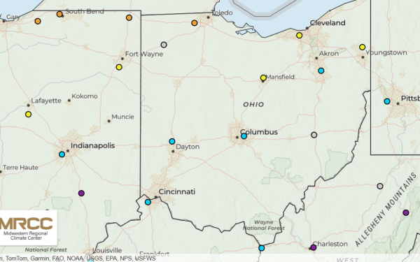 Map showing several cities in the state of Ohio and surrounding areas, with Columbus marked prominently. Other cities like Cleveland, Cincinnati, and Indianapolis are also visible. The map includes geographic details such as state boundaries and the Appalachian Mountains.