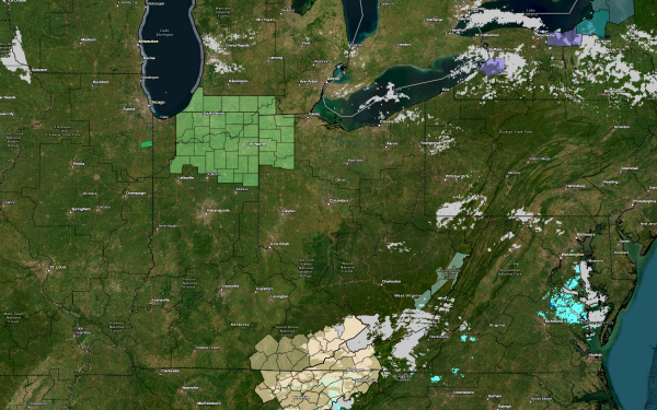 Satellite map view showing various regions across the Eastern United States, with highlighted areas indicating specific sections of interest.