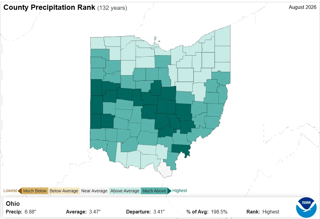 Map of Ohio with county precipitation rank.