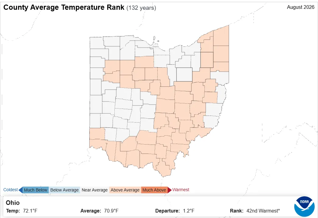 Map of Ohio with county temperature rank.