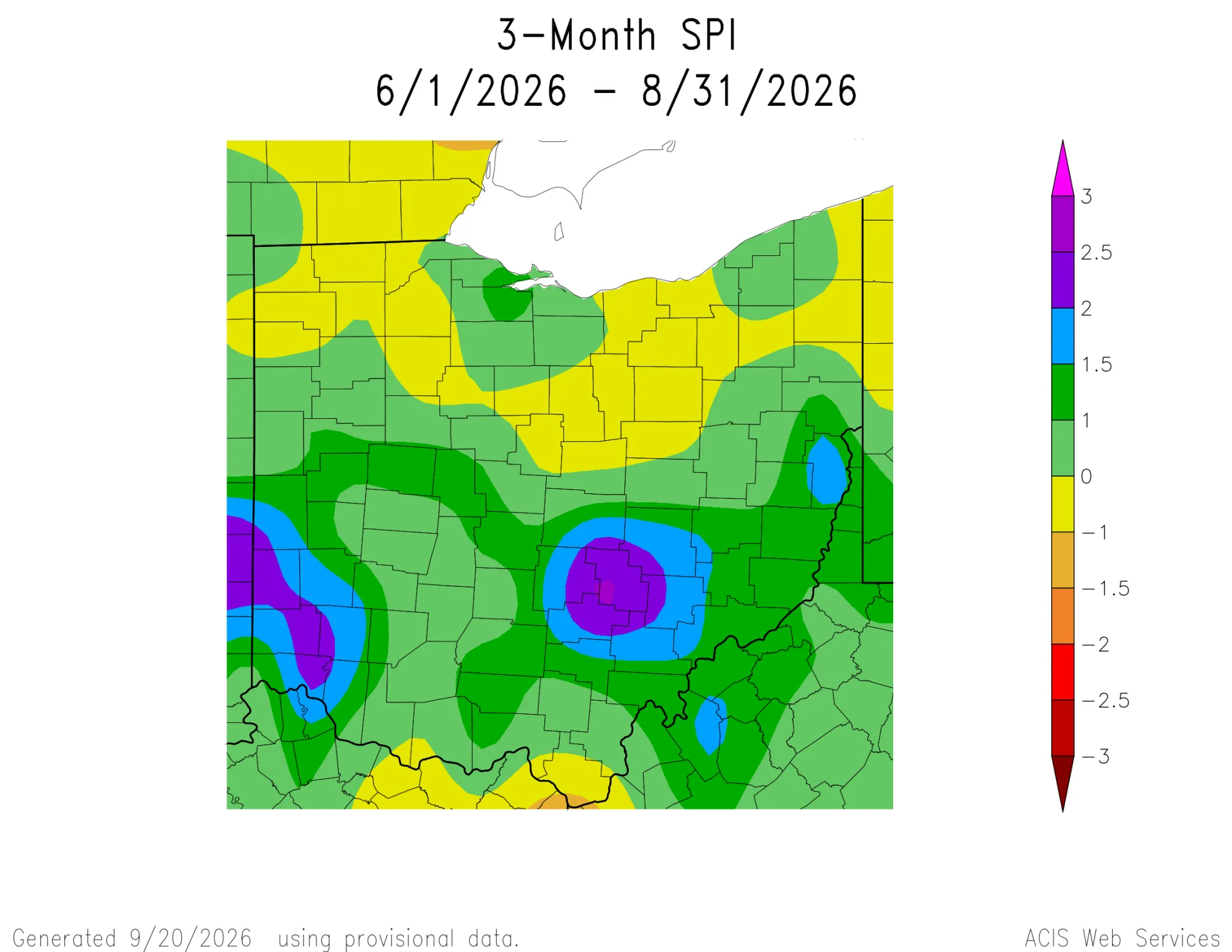 Map of Ohio with the 3-month SPI.