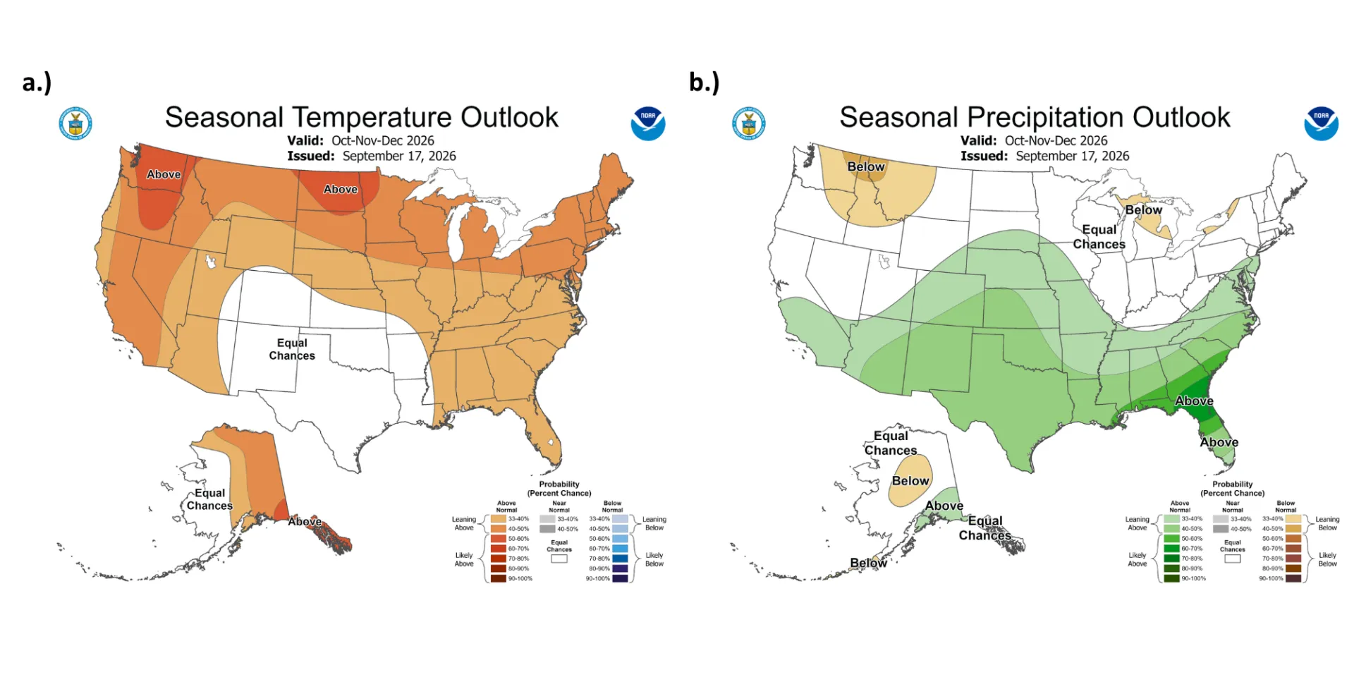 Map of the U.S. with the 3 month seasonal temperature and precipitation outlooks.