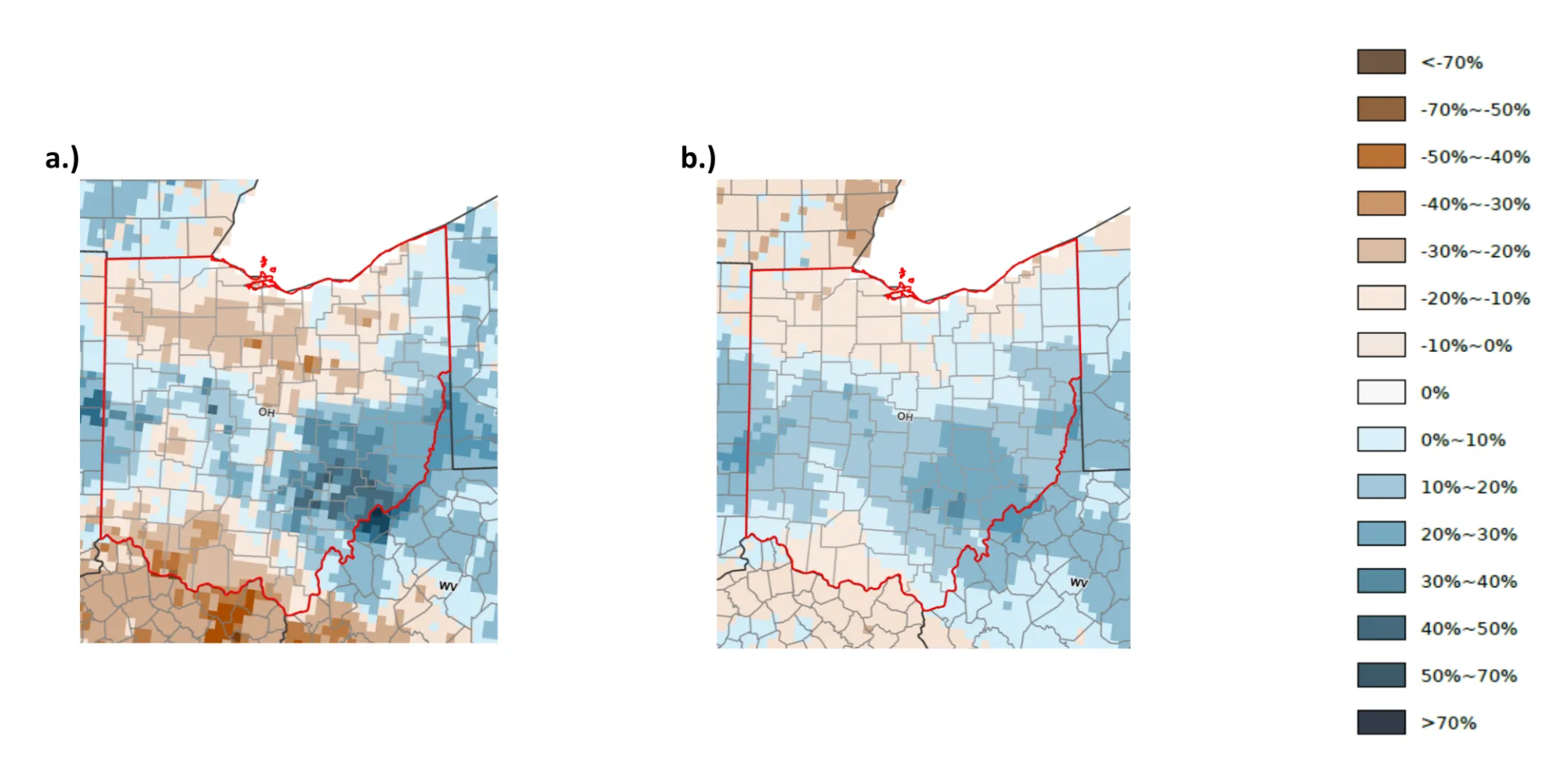 Map of Ohio with top and sub soil moisture anomalies.