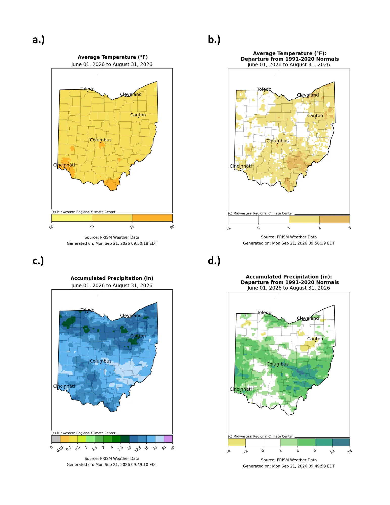 4 maps of Ohio with the average temperature, departure of temperature, accumulated precip., and departure of precip.