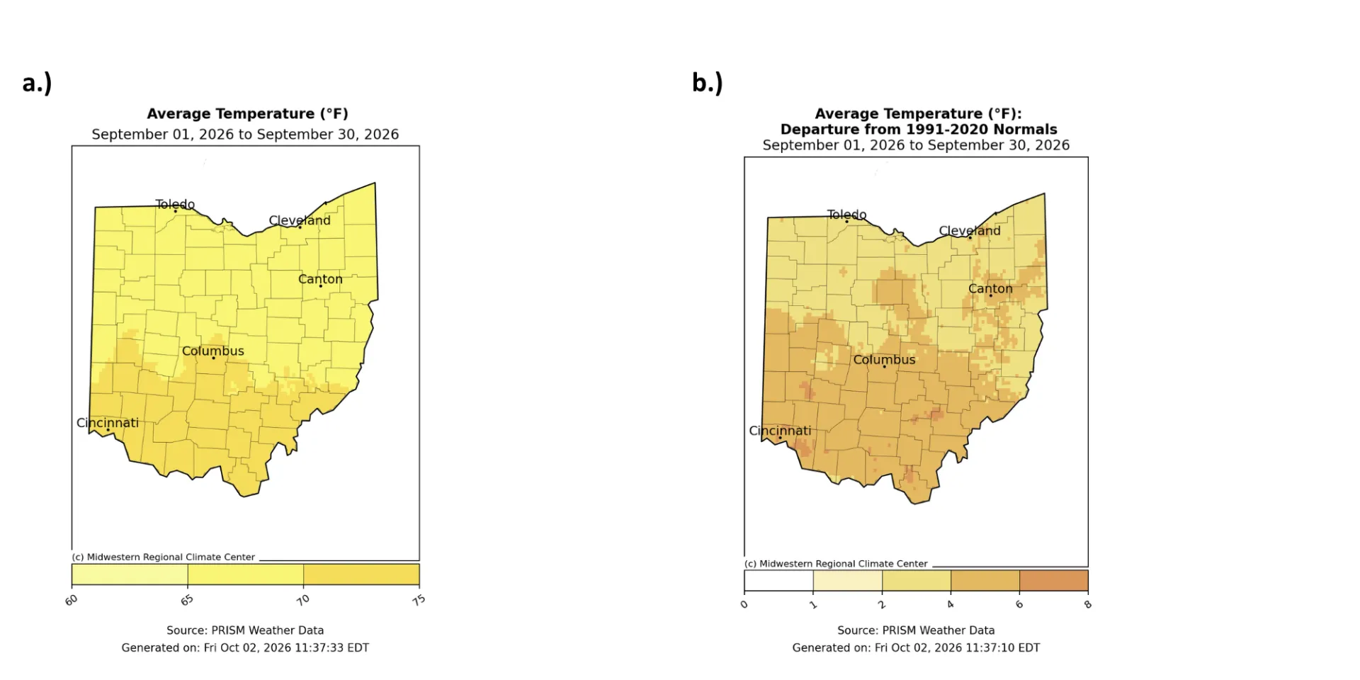 Map of Ohio with average temperature and departure from normal for temperature.