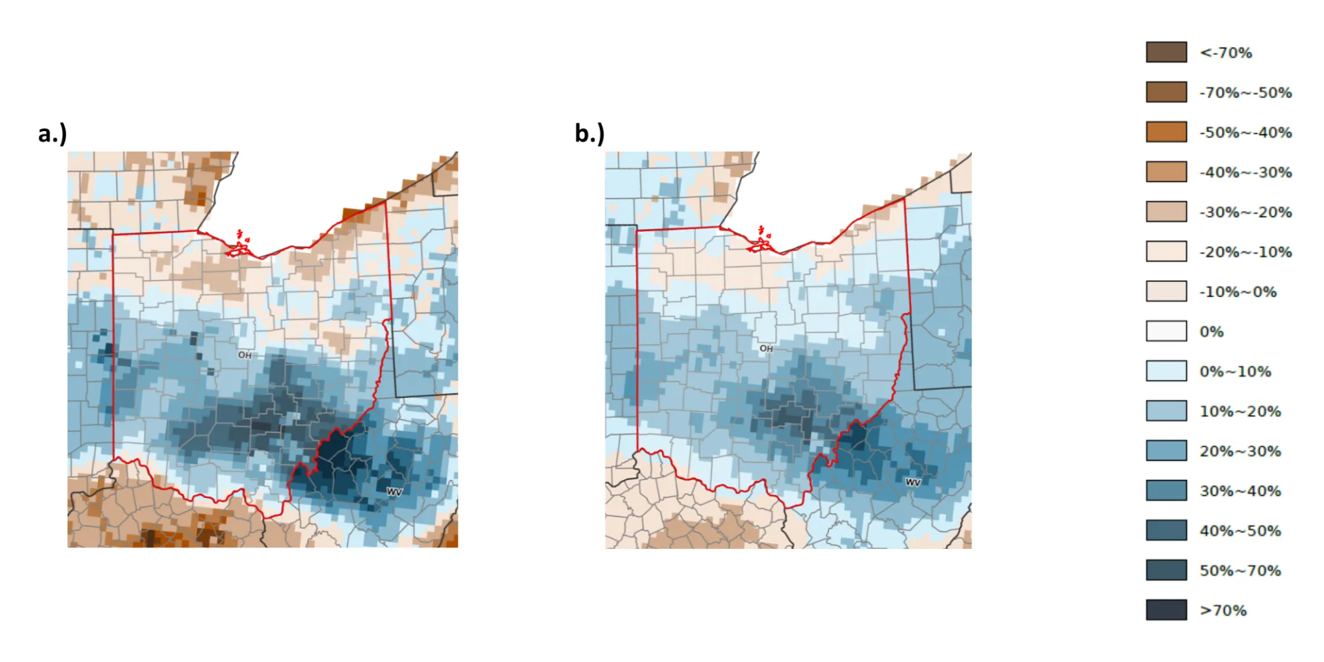 Map of Ohio with top and sub soil moisture anomalies.