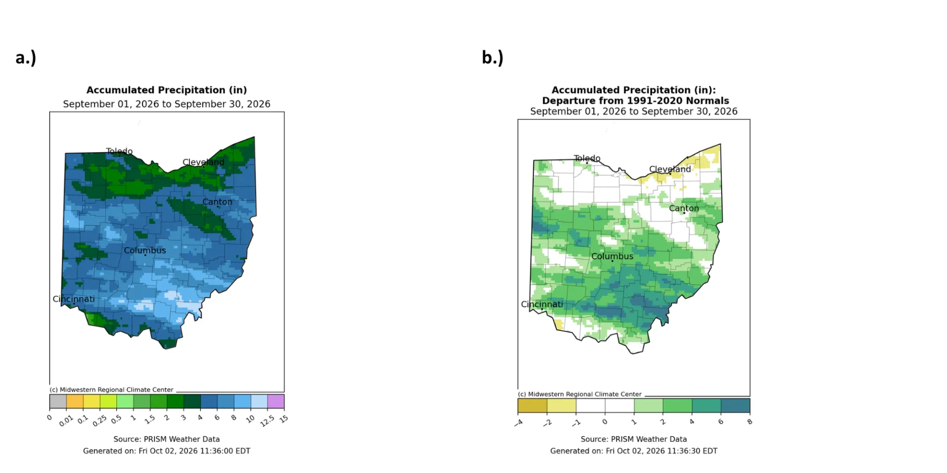 Map of Ohio with accumulated precipitation and departure from normal for precipitation.