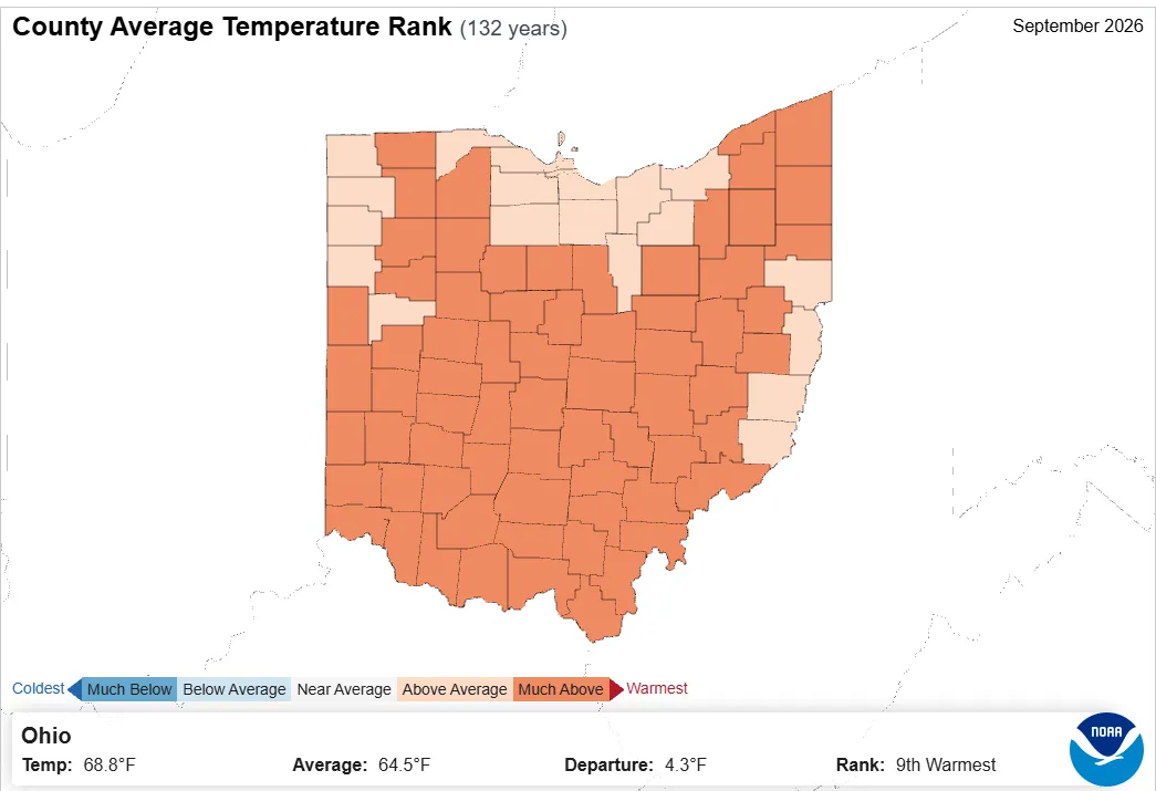 Map of Ohio with county temperature rank.