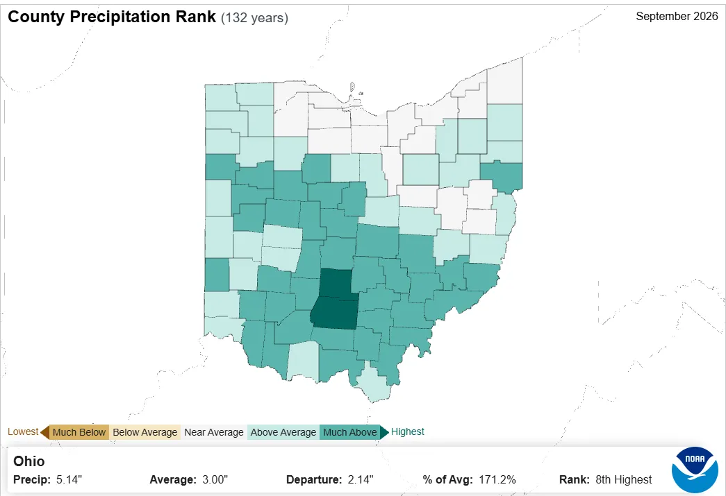 Map of Ohio with county precipitation rank.