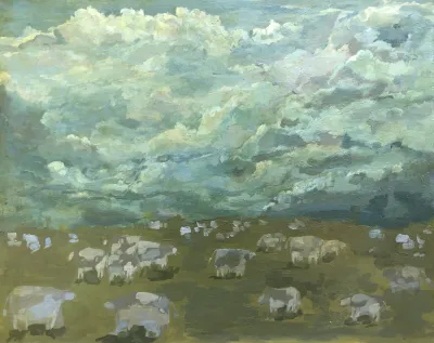 Painting of livestock in a field under cloudy skies.