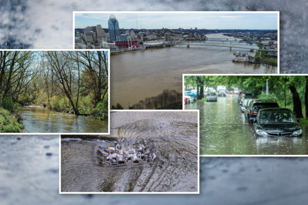 collage of 4 river images, overlapping in the center over the image of water
