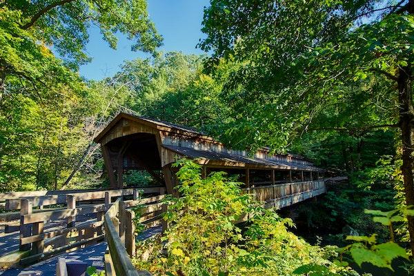 Covered wooden bridge and wooden railing leading up to it surrounded by green trees with blue skies