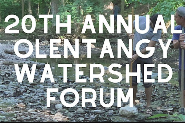 Rock-covered riverbank with white text, 20th annual Olentangy Watershed Forum. 